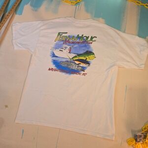 Vintage Fish-A-Holic T-Shirt XL Fisherman Tee White Wrightsville Beach 90s 22x29